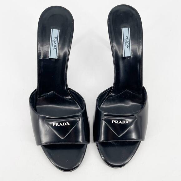Prada Black Brushed Leather Padded Logo 75mm Open Toe Sandal Mule size IT 40 - Picture 6 of 12